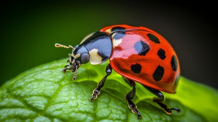 Vibrant Ladybug Resting on Green Leaf