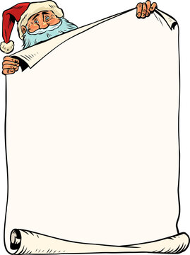 Wish list for new year and christmas. Santa claus with blank sheet. White space for advertising in winter.