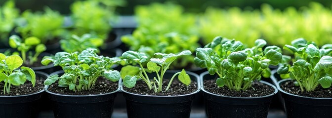 Pots with various vegetables flowers seedlings garden composition background