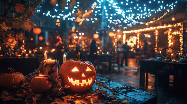 Halloween party. Costume party, halloween festival. A spooky Halloween party scene with costumed guests and eerie decorations