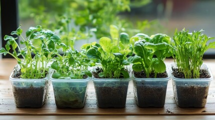 Pots with various vegetables flowers seedlings garden composition background