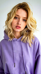 Fototapeta premium A woman in a purple hoodie poses for a picture