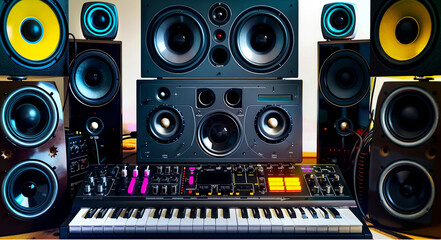 Fototapeta premium A set of speakers, a keyboard, and a synthesizer sitting on top of a table