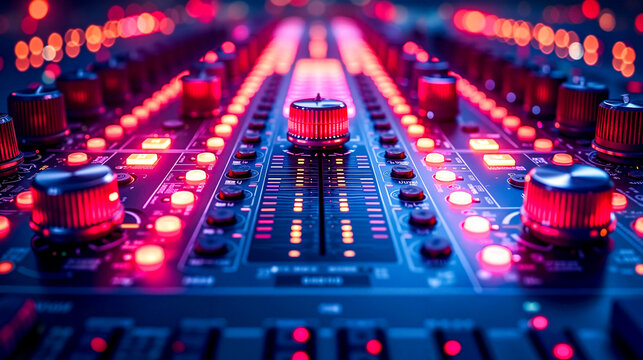 A close up of a mixing board with red and blue lights