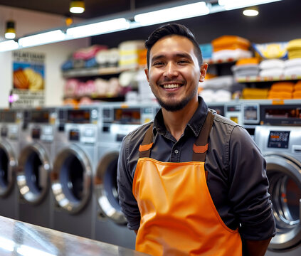 A man in an orange apron standing in front of a row of washing machines