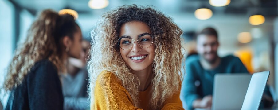 A diverse team of young adults engaging in a meeting with a laptop in a bright, modern office, conveying a dynamic and collaborative work atmosphere, Generative AI