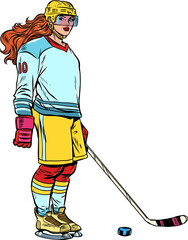 Sportswoman playing ice hockey. Sports competitions and champions in winter. Sale of equipment for New Year and Christmas for ice skating.