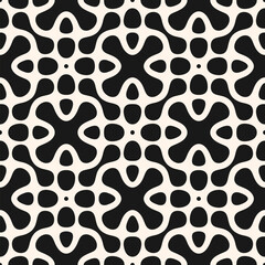 Vector abstract geometric texture. Monochrome seamless pattern with curved lines, floral silhouettes, organic shapes, dots, grid, lattice. Simple black and white background. Repeated modern geo design