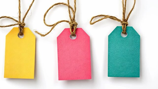 Three blank tags with twine hang against a white background