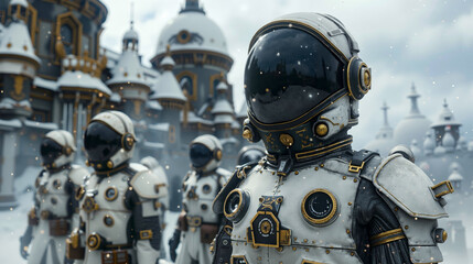 Fototapeta premium A group of astronauts standing in front of a castle in the snow