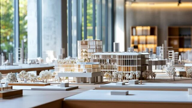 A detailed model of a city sits on a table in a bright, modern office, showcasing a potential development plan