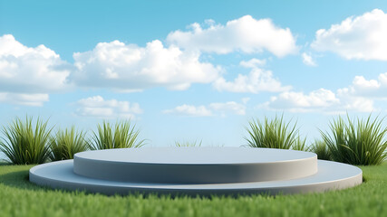 Fototapeta premium 3d minimal podium made of grass with blue sky in the background. Generative AI