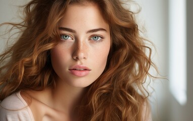 Naklejka premium A woman with long brown hair and blue eyes. She is wearing a white shirt. The image has a warm and inviting mood