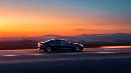 A blue sports sedan races along a highway at dusk, showcasing its aerodynamic design. The motion blur emphasizes speed, with a smooth road and an expansive landscape in the background