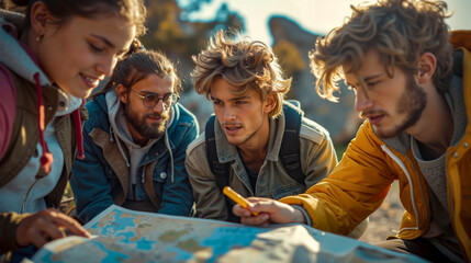 A group of young people looking at a map together
