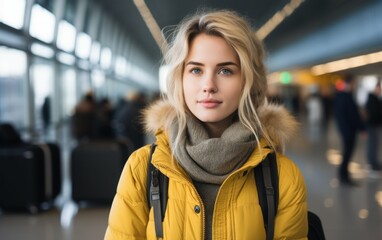 Obraz premium A woman wearing a yellow jacket and scarf stands in a busy airport terminal. She is smiling and looking at the camera
