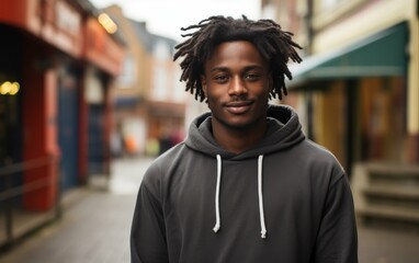 Fototapeta premium A young man with dreadlocks stands on a sidewalk in front of a building. He is wearing a black hoodie and a white bandana