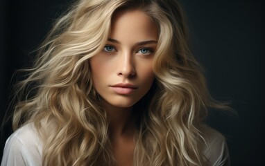 Naklejka premium A woman with long blonde hair and blue eyes is standing in front of a dark background. She has a serious expression on her face