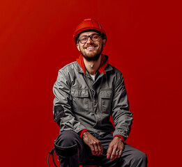 Fototapeta premium A man wearing a hard hat and glasses sitting on a stool