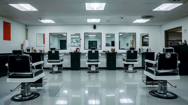 A barber shop with black and white chairs in it