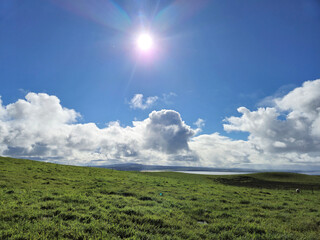 White fluffy clouds in the summer sky and natural landscape background