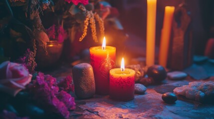 Simple altar with a few burning candles, surrounded by flowers, stones, and mystical symbols