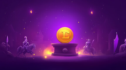 In tournament or competition with gold coin on purple background, victory interface template with win pop-up button. bonus or event result pop-up button design. Knights Tournament. Illustration