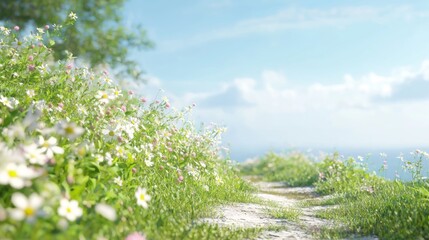 Tranquil Coastal Path: Ray Tracing Fengshui Concept with Wildflowers, Breezes & Ocean Views