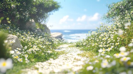 Tranquil Coastal Path: Ray Tracing Fengshui Concept Art with Wildflowers, Ocean Views, and Serene Breezes for Peaceful Exploration