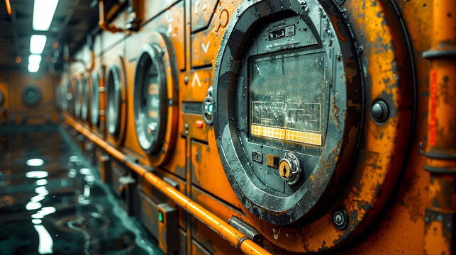 A row of yellow and black electrical equipment in a room - Powered by Adobe