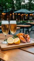 Enjoy a beautifully presented lobster platter accompanied by a fresh lemon and a cold beer, all captured in warm golden hour light by the poolside