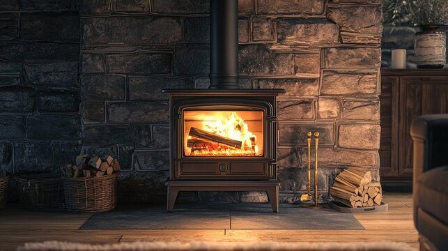 the fireplace is burning in the house. Selective focus