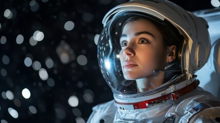 Woman cosmonaut in space composition background