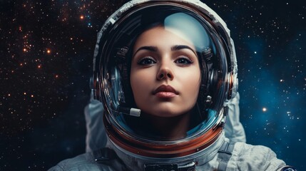 Woman cosmonaut in space composition background