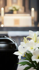 Black cremation urn with white lilies in a serene chapel