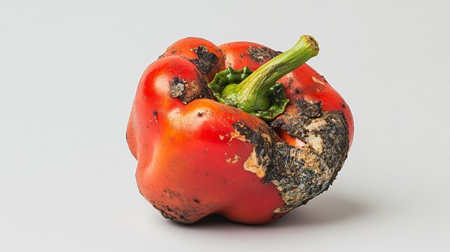 Rotten red bell pepper  isolated on white background with mold