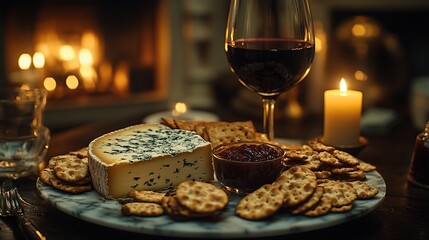 Naklejka premium Cheese platter with wine by a cozy fire.