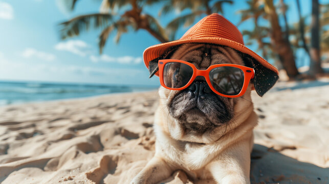 A pug dog wearing an orange sun hat and sunglasses, sitting on a sandy beach with palm trees in the background and the ocean visible.