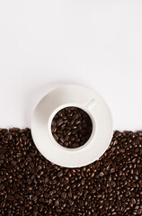 Studio, top view and cup with coffee beans for cafe, bistro and ingredients for beverage by mockup space. Above, robusta seed and brown roast grains by white background for drink, latte or cappuccino