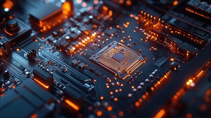 Obraz premium Close-up of a glowing computer circuit board.