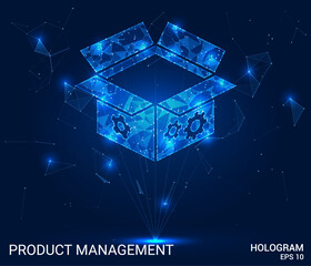 Hologram product management. Product management made of polygons, triangles, dots, and lines. Low-poly product management structure of connections. Technology concept vector.