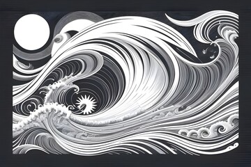 Fototapeta premium hand drawn monochrome illustration, stylized ocean waves, surrounded by sun rays, black and white, sketch, engraving, Scratch board, sea, line, art, texture, pattern, motion, flow, intricate, swirl