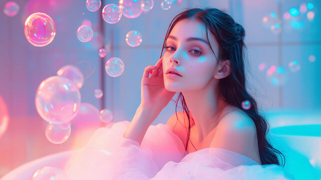 Young woman in a bathtub with colorful bubbles, ethereal look.