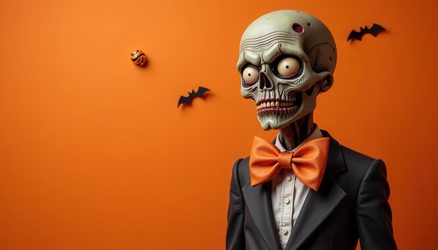 Zombie body with giant bowtie and comical expression on orange background with Halloween decorations.