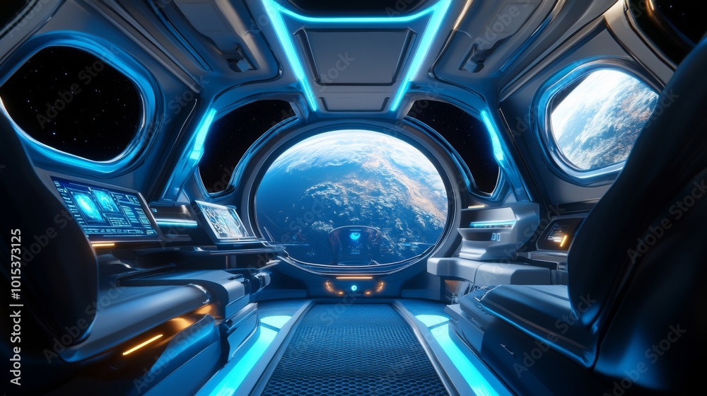 Poster inside a sleek spacecraft, an advanced control area features glowing screens and comfortable seating