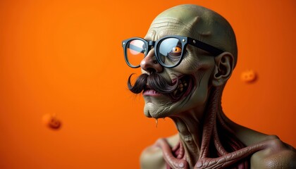 Zombie with oversized glasses and mustache on orange background with jack-o’-lanterns and cobwebs.