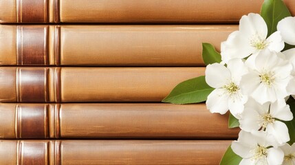 A stack of vintage leather-bound books is adorned with fresh white flowers, creating a warm and inviting atmosphere in a charming old library filled with character