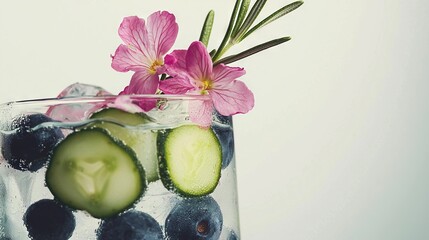   A blueberry-cucumber drink with a flower garnish in a glass