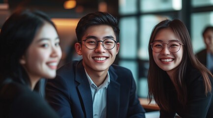 Fototapeta premium Confident young Asian professionals smiling business meeting environment teamwork modern success in office corporate team collaboration discussion