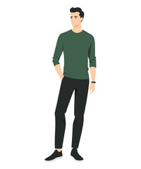 Vector illustration of a man in a dark green sweater and brown pants, emphasizing natural shades and a comfortable style for walking.